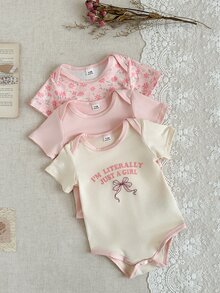 SHEIN 女婴可爱舒适三件套短袖连体衣，印花图案，胸前饰有英文字母花朵刺绣 - 彩色 - 查看 4