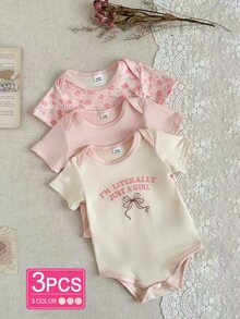 SHEIN 女婴可爱舒适三件套短袖连体衣，印花图案，胸前饰有英文字母花朵刺绣 - 彩色 - 查看 1