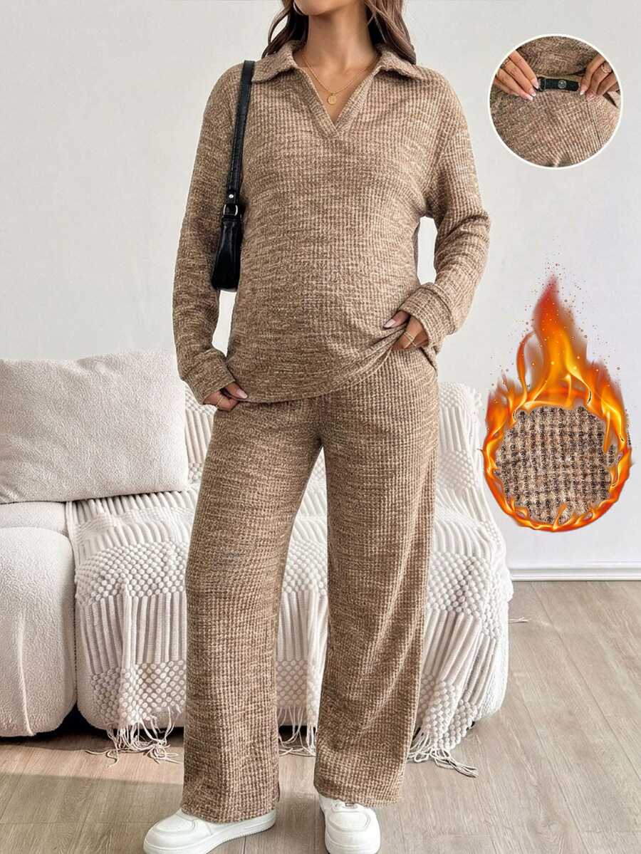 SHEIN Maternity Casual Top And Pants 2 Pieces Set For Autumn