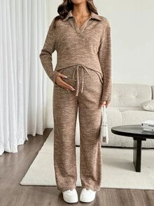 SHEIN Maternity Casual Top And Pants 2 Pieces Set For Autumn - Multicolor - View 3