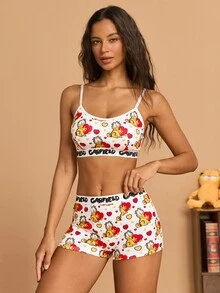 GARFIELD | SHEIN طقم ملابس داخلية نسائي توب بدون أكمام بطبعة حروف وكارتون - الأحمر - مشاهدة 4