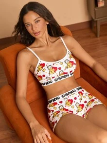 GARFIELD | SHEIN طقم ملابس داخلية نسائي توب بدون أكمام بطبعة حروف وكارتون - الأحمر - مشاهدة 6