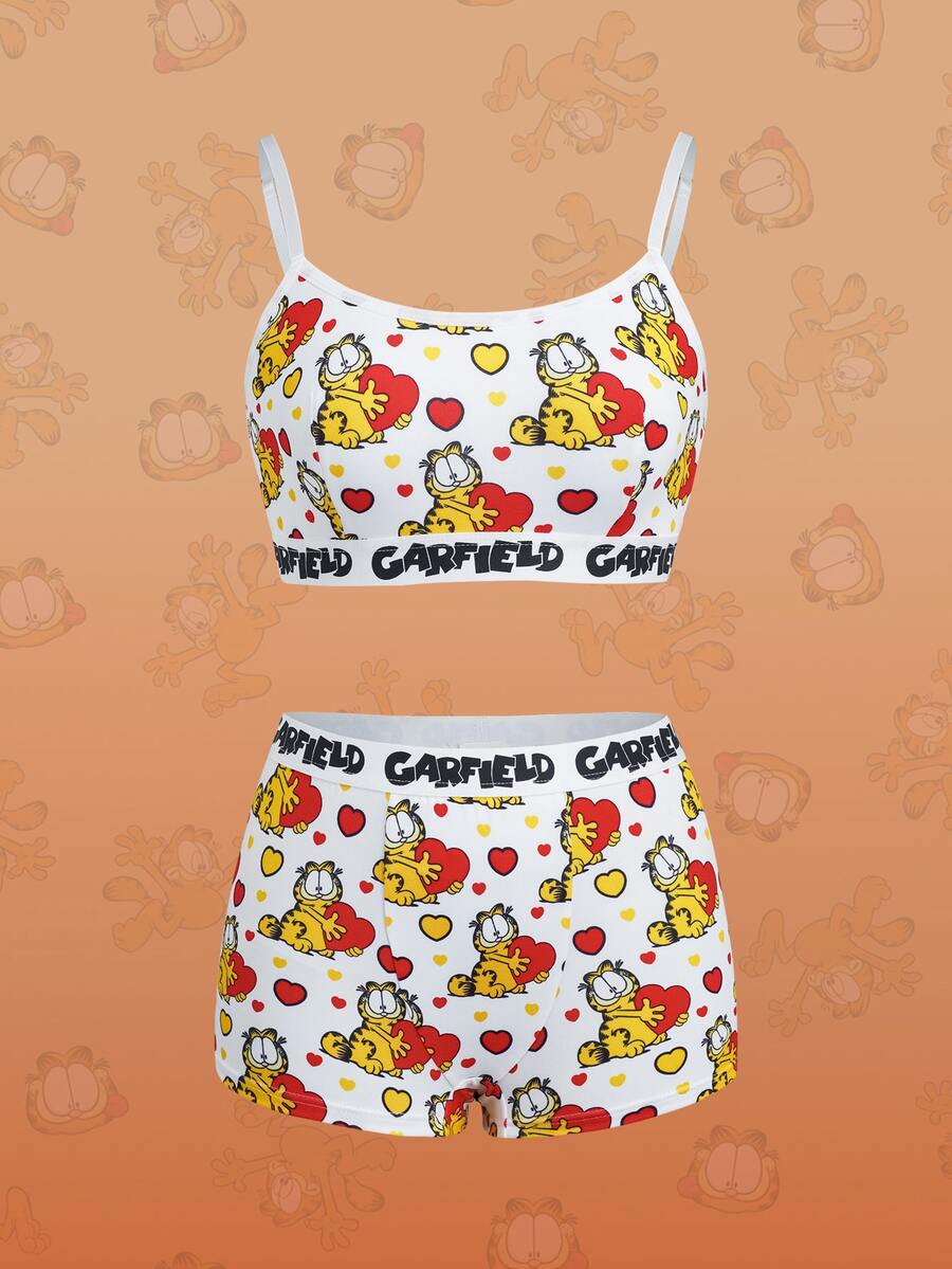 GARFIELD | SHEIN 女款字母卡通印花背心內衣套裝 - 紅色 - 查看 1