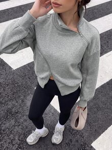 valorelle valorelle 女士保暖内衬高领灯笼袖拉链门襟卫衣，温暖时尚设计，适合毕业季、教师节等场合，秋季返校季套头衫。 - 深灰色 - 查看 4