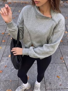 valorelle valorelle 女士保暖内衬高领灯笼袖拉链门襟卫衣，温暖时尚设计，适合毕业季、教师节等场合，秋季返校季套头衫。 - 深灰色 - 查看 1
