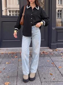 valorelle valorelle Women's Plain Color Patchwork Button Front Long Sleeve Casual Shirt - Black - View 3