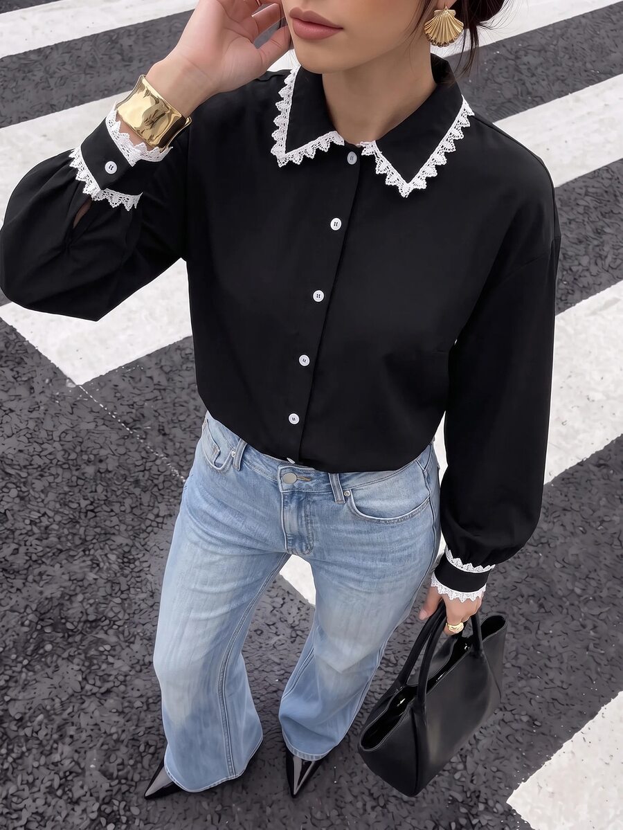 valorelle valorelle Women's Plain Color Patchwork Button Front Long Sleeve Casual Shirt - Black - View 1