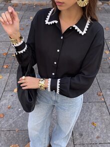 valorelle valorelle Women's Plain Color Patchwork Button Front Long Sleeve Casual Shirt - Black - View 4