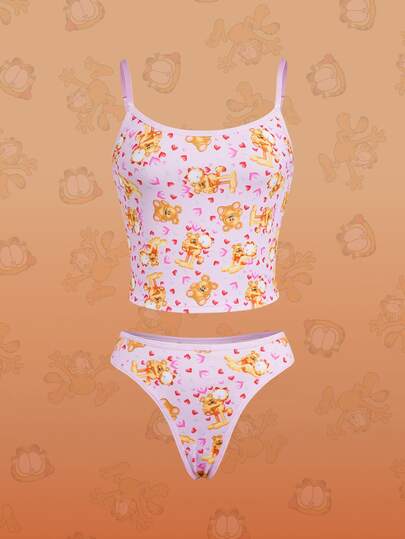 GARFIELD | SHEIN Women's Cartoon Print Camisole And Triangle Panty Lingerie Set