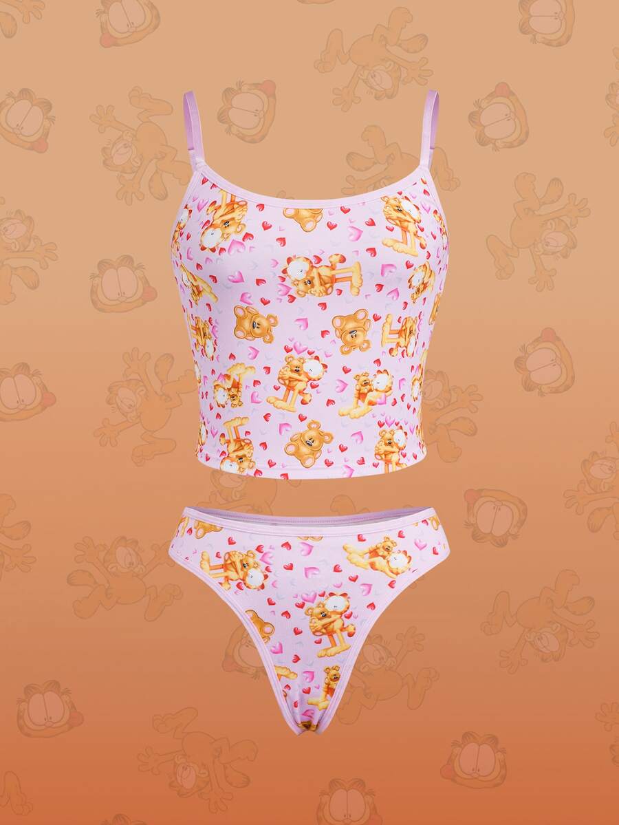 GARFIELD | SHEIN Women's Cartoon Print Camisole And Triangle Panty Lingerie Set - Pink - View 1