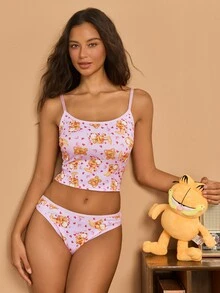 GARFIELD | SHEIN مجموعة ملابس داخلية نسائية بطبعة كرتونية تتكون من كاميسول وسروال داخلي مثلث - وردي - مشاهدة 1
