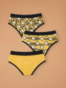 GARFIELD | SHEIN Women's Lace Patchwork Cartoon Print Casual Daily Triangle Panties - Black - View 9