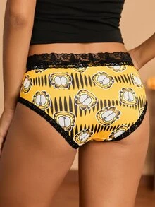 GARFIELD | SHEIN Women's Lace Patchwork Cartoon Print Casual Daily Triangle Panties - Black - View 2