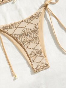 SHEIN Swim Swim Basics 两件套闪亮纹理面料珍珠装饰挂脖三角上衣和侧系带泳裤性感比基尼套装，春夏海滩度假波西米亚风比基尼套装串珠比基尼钩针比基尼套装棕色比基尼套装金色比基尼套装女士两件式泳衣比基尼套装女士泳装套装女士比基尼套装女士两件式比基尼套装 - 杏色 - 查看 6