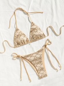 SHEIN Swim Swim Basics 两件套闪亮纹理面料珍珠装饰挂脖三角上衣和侧系带泳裤性感比基尼套装，春夏海滩度假波西米亚风比基尼套装串珠比基尼钩针比基尼套装棕色比基尼套装金色比基尼套装女士两件式泳衣比基尼套装女士泳装套装女士比基尼套装女士两件式比基尼套装 - 杏色 - 查看 4