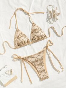 SHEIN Swim Swim Basics 两件套闪亮纹理面料珍珠装饰挂脖三角上衣和侧系带泳裤性感比基尼套装，春夏海滩度假波西米亚风比基尼套装串珠比基尼钩针比基尼套装棕色比基尼套装金色比基尼套装女士两件式泳衣比基尼套装女士泳装套装女士比基尼套装女士两件式比基尼套装 - 杏色 - 查看 5