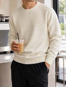 Manfinity CasualKnits 男士秋冬休閒百搭純色毛衣 - 米色 - 查看 2