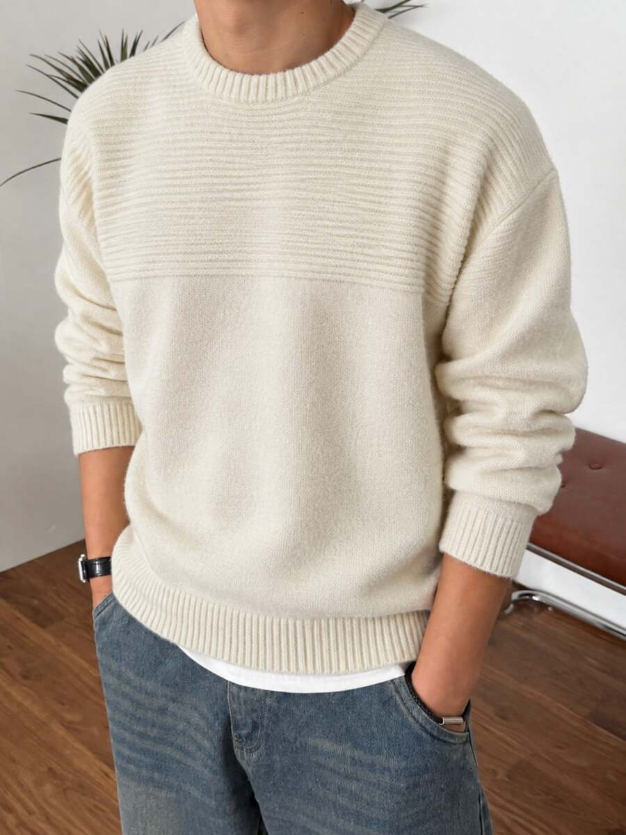 Manfinity CasualKnits 男士秋冬休閒百搭純色毛衣 - 米色 - 查看 1