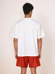 LOONEY TUNES X SHEIN Men's Versatile Letter Print Crew Neck Short Sleeve T-Shirt And Drawstring Waist Pocket Shorts Set - White - View 2