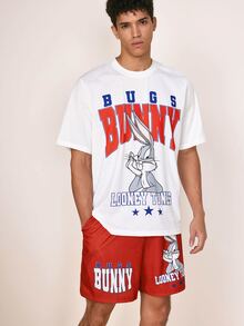 LOONEY TUNES X SHEIN Men's Versatile Letter Print Crew Neck Short Sleeve T-Shirt And Drawstring Waist Pocket Shorts Set - White - View 3