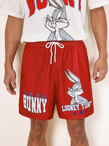 LOONEY TUNES X SHEIN Men's Versatile Letter Print Crew Neck Short Sleeve T-Shirt And Drawstring Waist Pocket Shorts Set - White - View 6