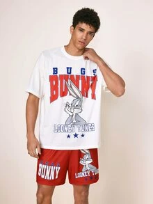 LOONEY TUNES X SHEIN Men's Versatile Letter Print Crew Neck Short Sleeve T-Shirt And Drawstring Waist Pocket Shorts Set - White - View 4