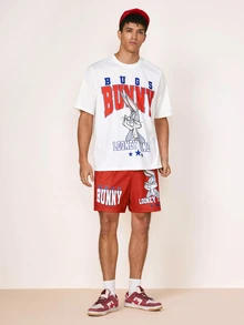 LOONEY TUNES X SHEIN Men's Versatile Letter Print Crew Neck Short Sleeve T-Shirt And Drawstring Waist Pocket Shorts Set - White - View 5