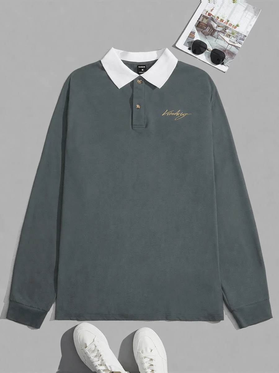 Mainfolk 男士字母印花半門襟鈕扣 Polo 衫 - 深灰色 - 查看 1