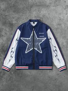 ROMWE MEN Street Life Men's Pentagram Pattern Long Sleeve Zip-Up Casual Jacket - Blue - View 3