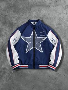 ROMWE MEN Street Life Men's Pentagram Pattern Long Sleeve Zip-Up Casual Jacket - Blue - View 1