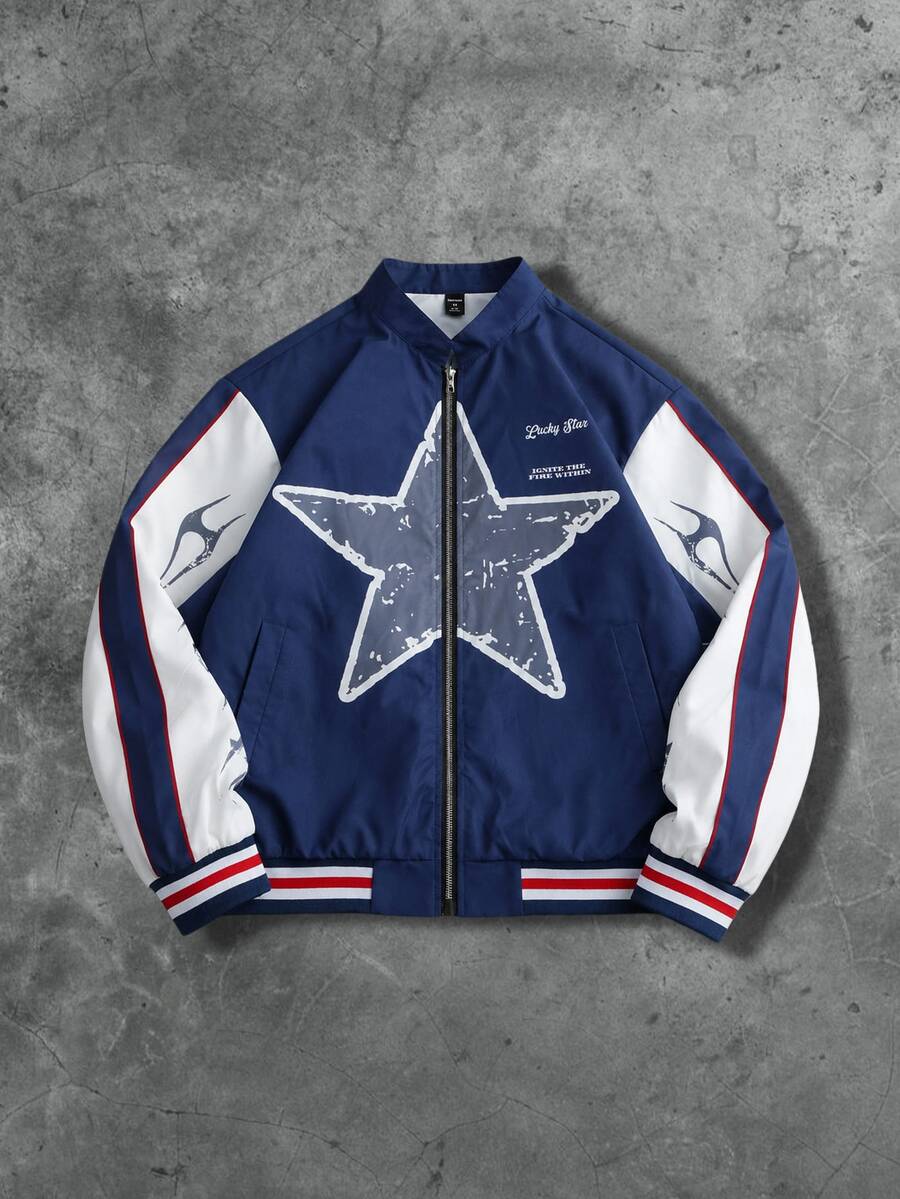 ROMWE MEN Street Life Men's Pentagram Pattern Long Sleeve Zip-Up Casual Jacket - Blue - View 1