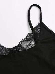 Sweetra Contrast Lace Asymmetrical Hem Cami Top Halloween Party Night Black Summer Sexy - Black - View 3