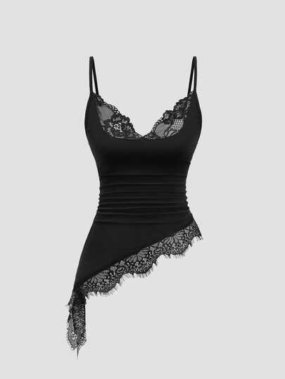 Sweetra Áo cami ren phối màu gấu bất đối xứng màu đen gợi cảm cho tiệc Halloween đêm mùa hè