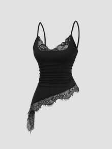 Sweetra Contrast Lace Asymmetrical Hem Cami Top Halloween Party Night Black Summer Sexy - Black - View 5