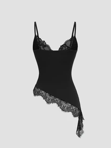 Sweetra Contrast Lace Asymmetrical Hem Cami Top Halloween Party Night Black Summer Sexy - Black - View 2