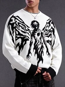 ROMWE MEN Street Life Men's Cartoon Character Jacquard Long Sleeve Crew Neck Sweater - Multicolor - View 3