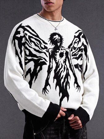 Street Life Men's Cartoon Character Jacquard Long Sleeve Crew Neck Sweater