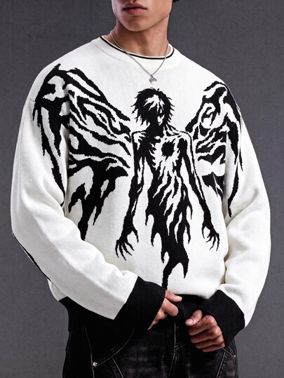 Street Life Pull col rond à manches longues en jacquard avec personnage de dessin animé pour hommes