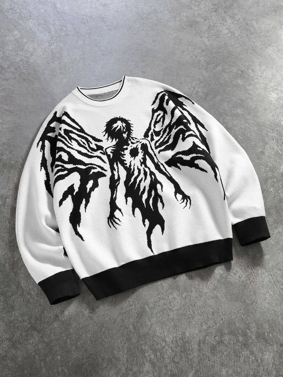 ROMWE MEN Street Life Men's Cartoon Character Jacquard Long Sleeve Crew Neck Sweater - Multicolor - View 1