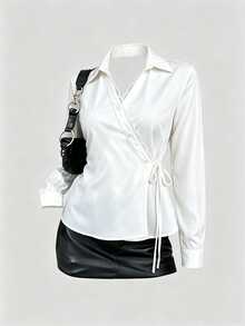 SHEIN LUNE Solid Contrast Lace Trim Knot Side Wrap Shirt Teachers' Day Office Brunch White Autumn Elegant - White - View 3