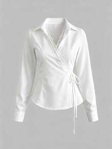 SHEIN LUNE Solid Contrast Lace Trim Knot Side Wrap Shirt Teachers' Day Office Brunch White Autumn Elegant - White - View 1