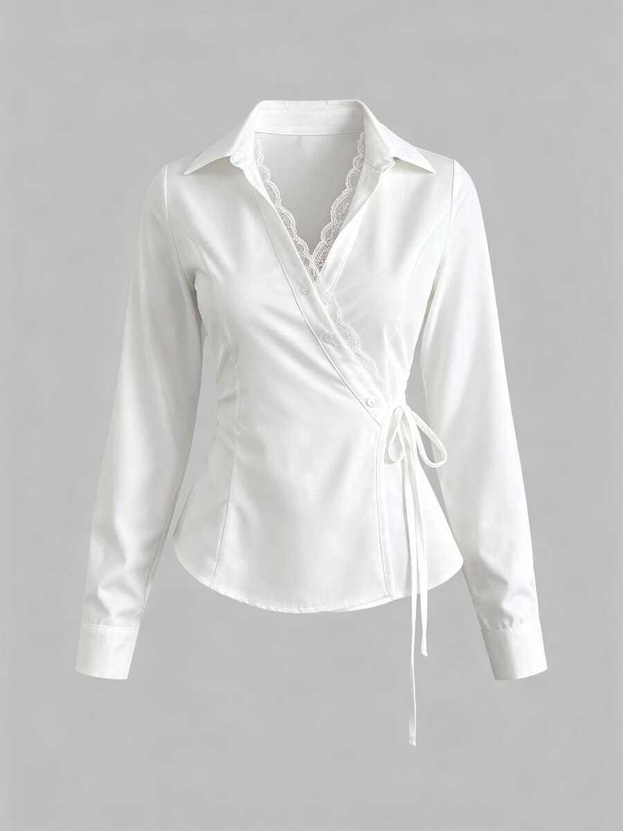 SHEIN LUNE Solid Contrast Lace Trim Knot Side Wrap Shirt Teachers' Day Office Brunch White Autumn Elegant - White - View 1