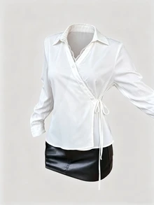 SHEIN LUNE Solid Contrast Lace Trim Knot Side Wrap Shirt Teachers' Day Office Brunch White Autumn Elegant - White - View 4