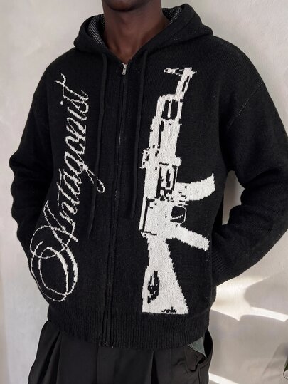 Cardigan zippé à capuche en tricot avec graphisme contrasté pour hommes, pull streetwear à épaules tombantes