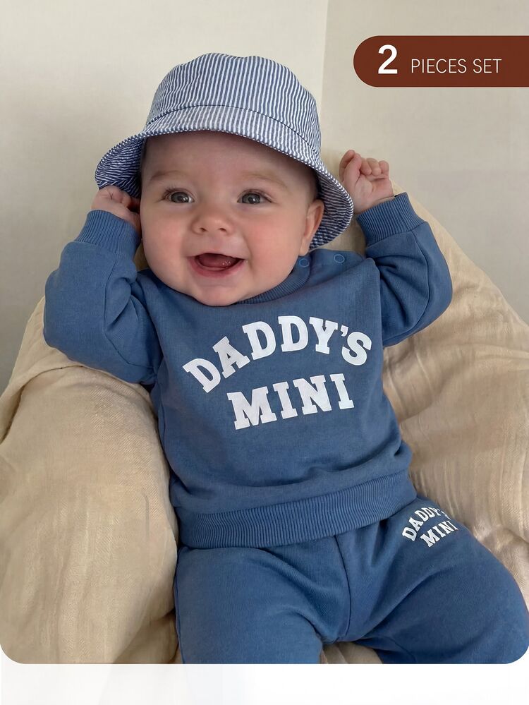 Newborn Baby Boy Blue Autumn/Winter Letter Pattern Long Sleeve Sweatshirt & Pants Set - Blue - View 6