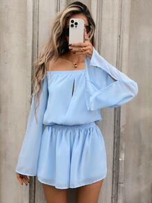 Cévolie Women's Solid Color Asymmetric Neck Long Sleeve Fashion Elegant Romper - Blue - View 7