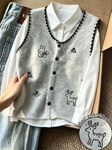 Resyla Women's Cartoon Embroidered Front Button Vest - Grey - View 1