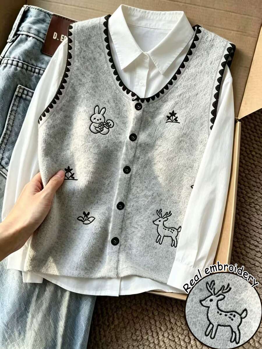 Resyla Women's Cartoon Embroidered Front Button Vest - Grey - View 1