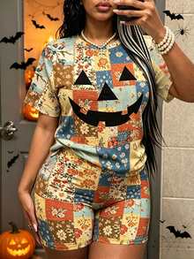 Rovax Women's Plus-Size 2-Piece Set, Short-Sleeved Tops And Shorts. Vintage Patchwork Design Pumpkin Digital Print. Suitable For Halloween, Casual - Multicolor - View 3