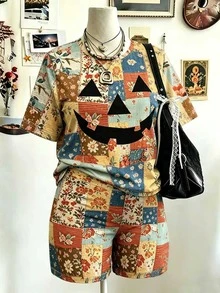 Rovax Women's Plus-Size 2-Piece Set, Short-Sleeved Tops And Shorts. Vintage Patchwork Design Pumpkin Digital Print. Suitable For Halloween, Casual - Multicolor - View 1
